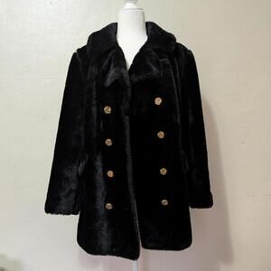 1970s Black Faux Fur Double Breasted Coat Womens Small Vintage Winter Outerwear